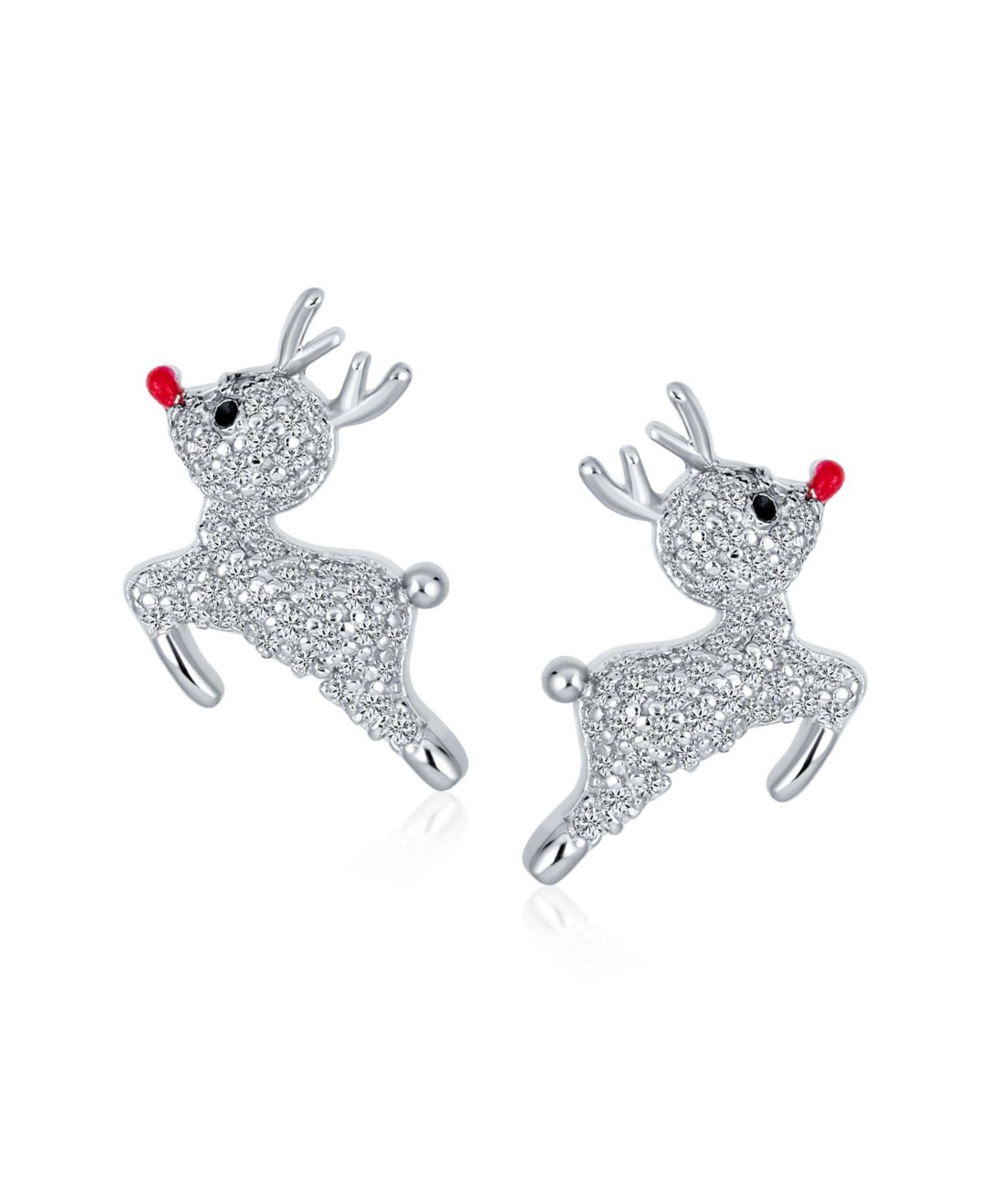 Bling Jewelry Delicate Cz Encrusted Pave Cubic Zirconia Holiday Xmas Christmas Rudolph Red Nose Reindeer Stud Earrings .925 Sterling Silver