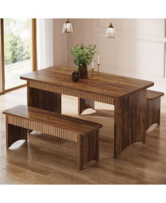 3-Piece Dining Table Set, 55" Dining Room Table with 2 Benches for 4-6 People, Farmhouse Rectangular Dining Room Table Set