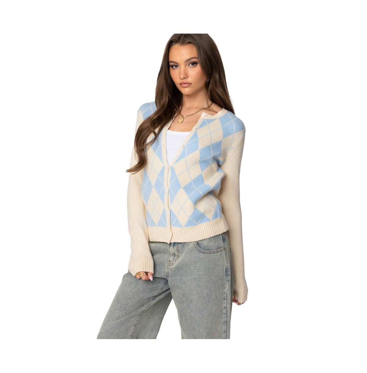 Edikted Women's Maybelle Argyle Cardigan - Cream-and-blue
