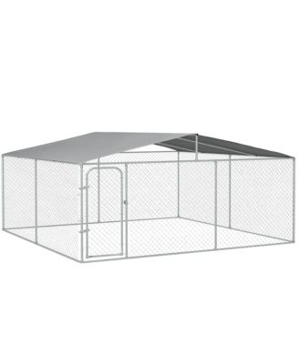 PawHut Outdoor Dog Kennel Galvanized Steel Fence with Cover Secure Lock Mesh Sidewalls for Backyard 15 x 15 x 7.5