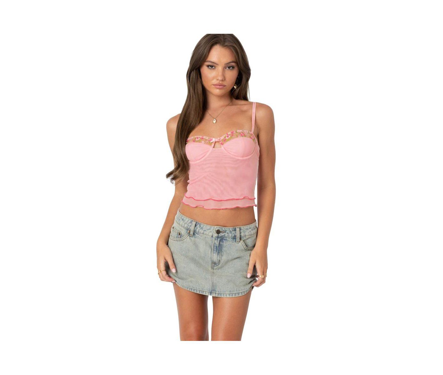 Женский топ Edikted Embroidered Mesh Bra Top, цвет: Розовый — фото 1