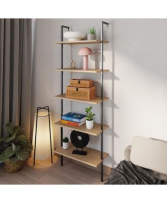 Madera  Industrial 5-Shelf Wood Wall-Mounted Open Ladder Bookcase, Metal Frame