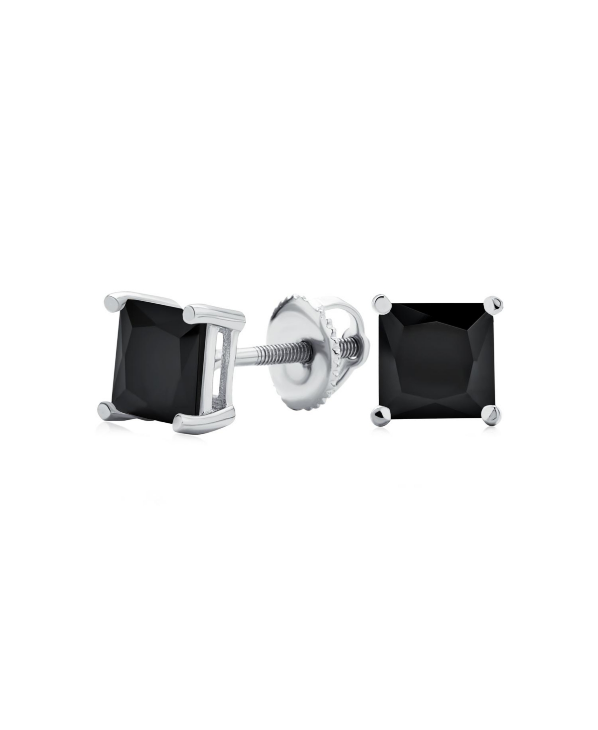 Black Square 0.50CTW Cubic Zirconia Cz Stud Earrings Screw Back .925 Sterling Silver 5MM - Silver black