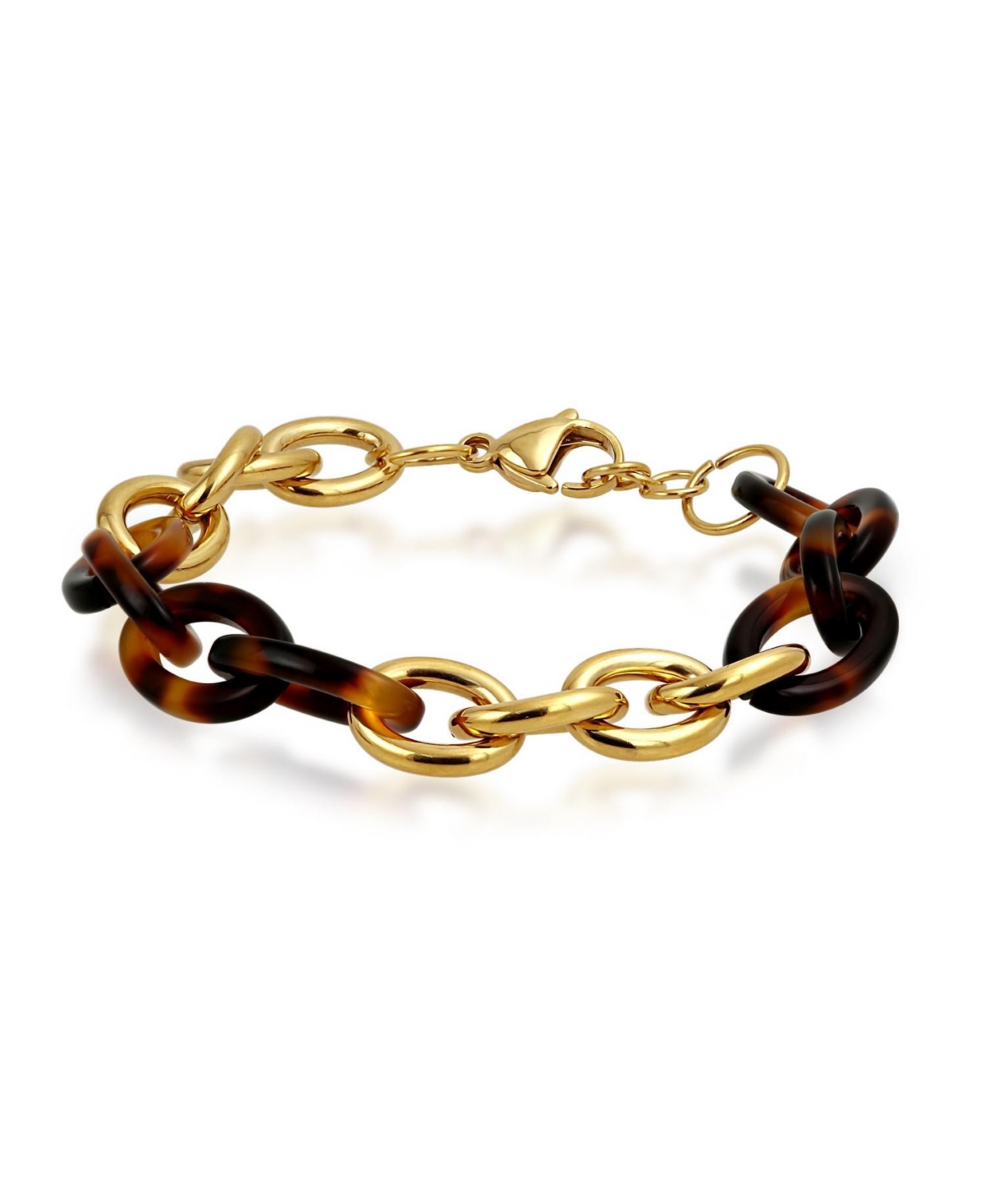 Bling Jewelry Fashion Statement Brown Golden Acrylic Marbled Leopard Tortoise Shell Oval Chain Link Bracelet Yellow Gold Plated Stainless Steel Adjust