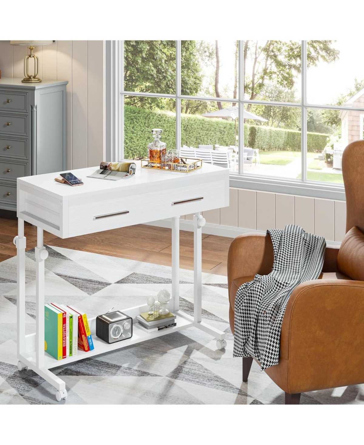 Tribesigns Portable Desk with Drawers, Mobile Laptop Desk with Wheels, Couch Desk Sofa Side Table Bed Desk, Small Standing Desk for Home Office - Whit