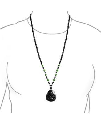 Yogi Amulet Mala Green Black Bead Carved Long Large Boho Fashion Statement Thai Spiritual Buddha Pendant Necklace