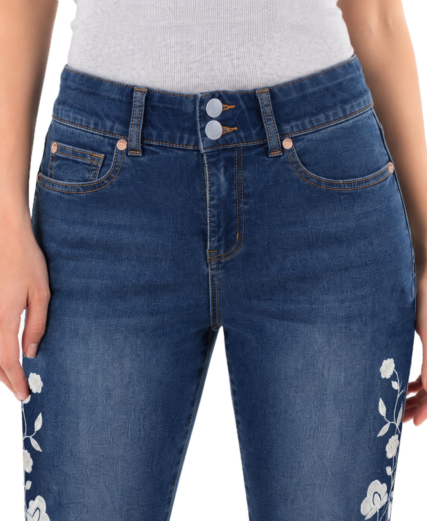 Женские брюки Indigo Poppy Two Button Tummy Control Embroidered Wide Cuff Crop, цвет: Синий — фото 2