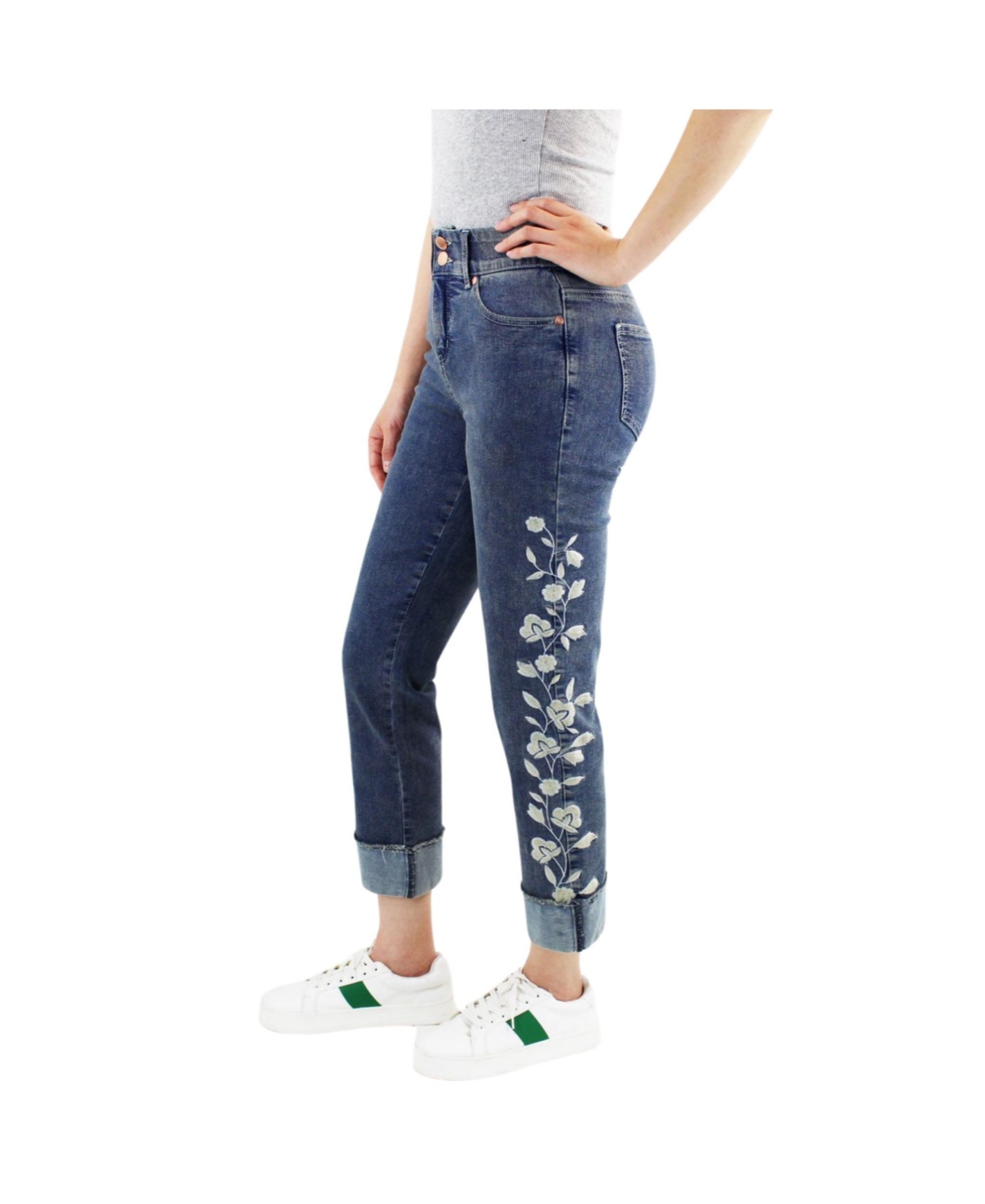 Women's Two Button Tummy Control Embroidered Wide Cuff Crop - Blue