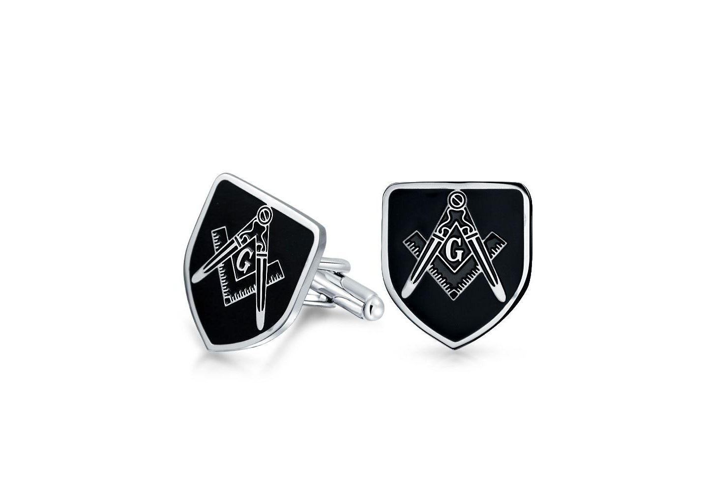Мужские запонки Bling Jewelry Freemasons Compass Shield Masonic Cufflinks Black Two Tone Stainless Steel, цвет: Чёрный — фото 1