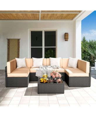 Gray 7-Piece Wicker Outdoor Sectional Set with Coffee Table and Gray Cushions