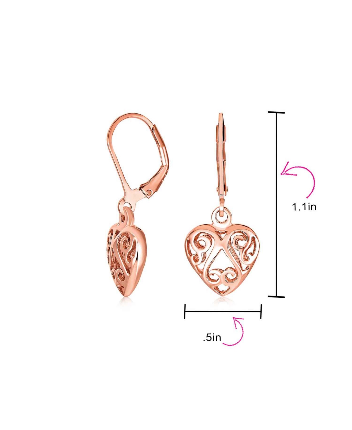 Bling Jewelry Open Filigree Heart Dangle Earrings Rose Gold Plated Sterling Silver Leverback