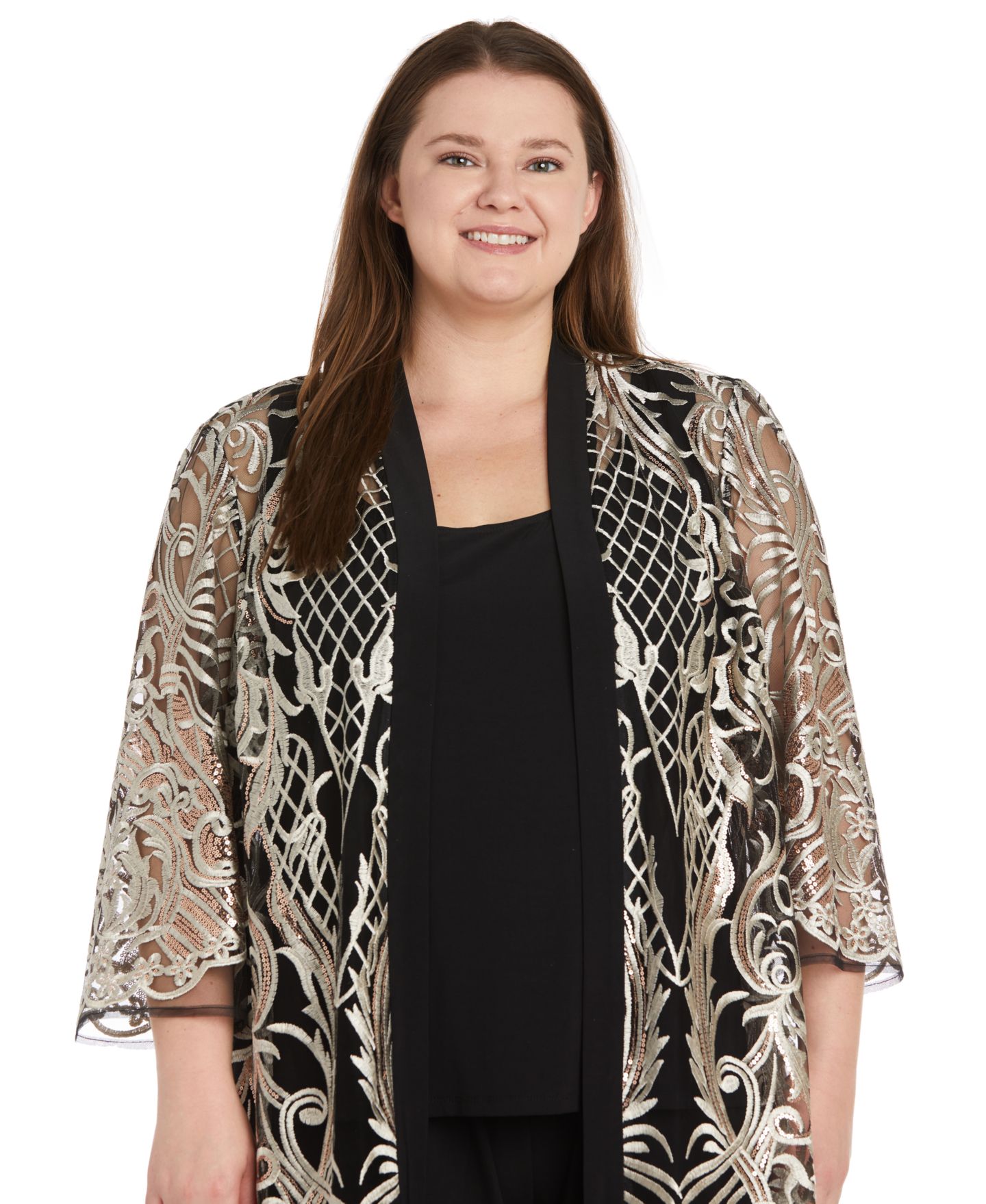 Женские комплекты R & M Richards Plus Size Embroidered Duster Jacket, Tank and Pants 3-Pc. Set, цвет: Чёрный / Золотой — фото 5