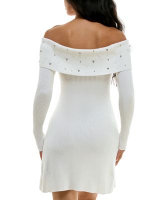Juniors' Embellished Off-The-Shoulder Sweater Dress