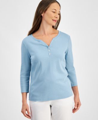 Style & Co - Petite Cotton Knit Henley 3/4-Sleeve Top