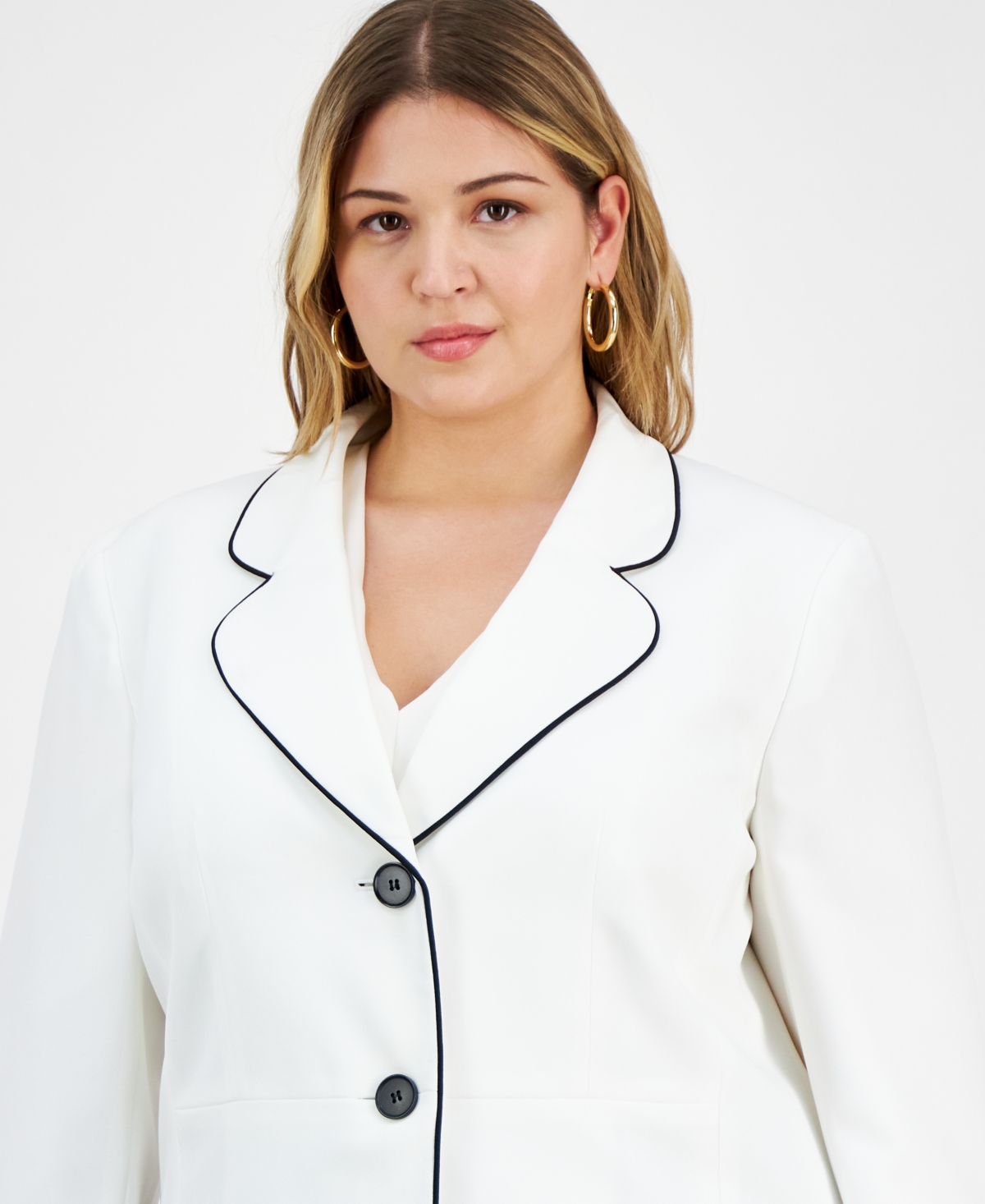Le Suit Plus Size Piped Notch-Collar Two-Button Jacket & Midi Flounce-Hem Skirt -Black