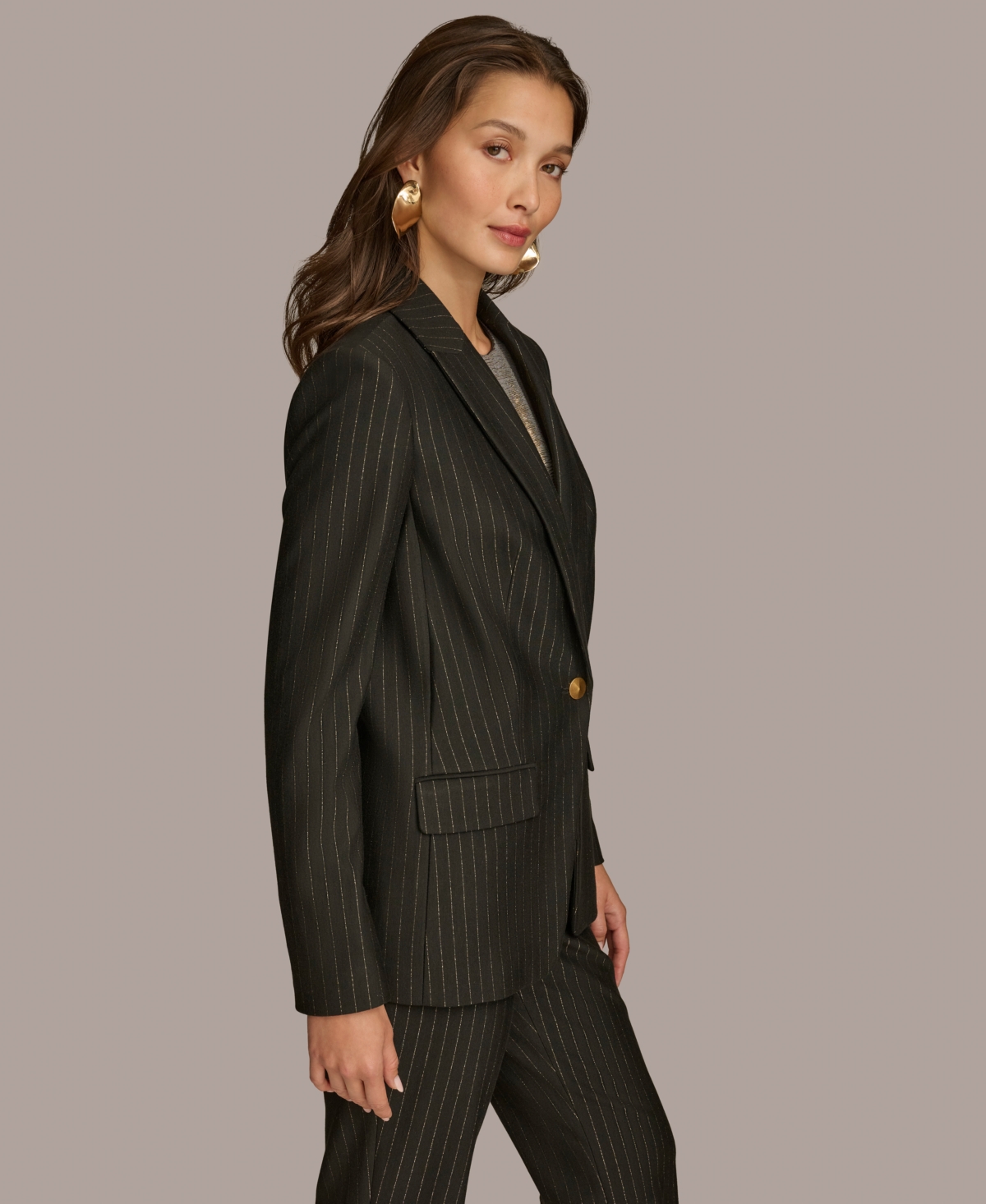 Donna Karan New York Women's Metallic Pinstripe One-Button Blazer -gold