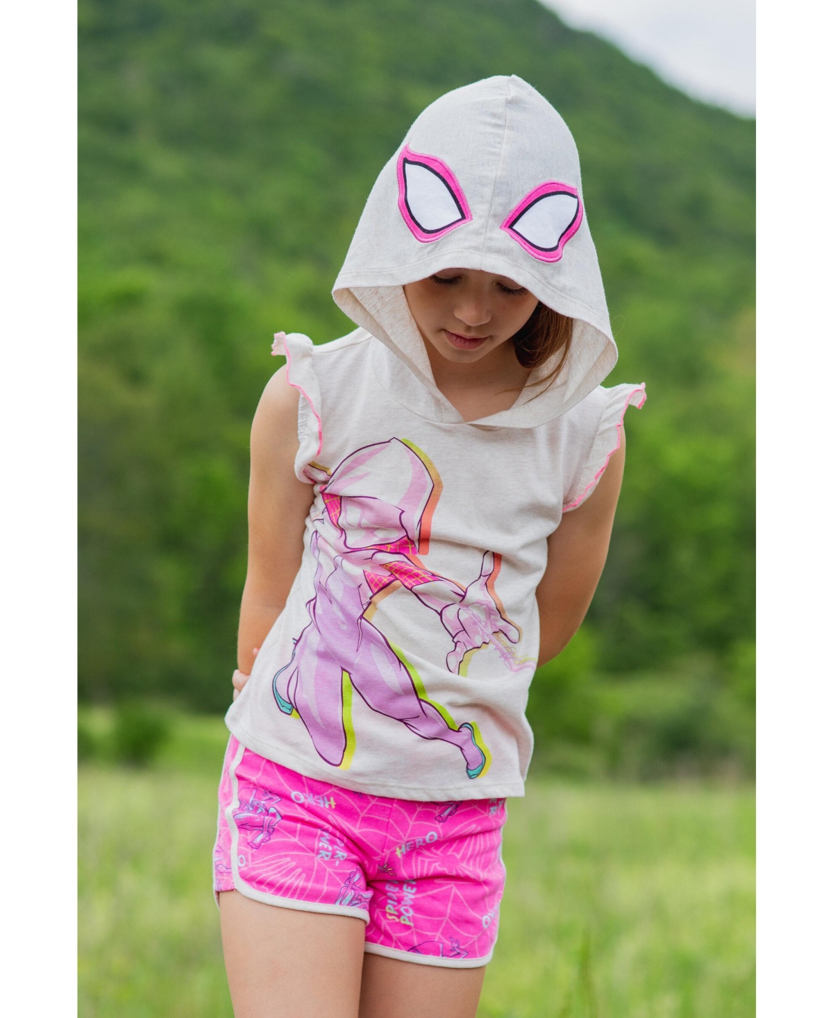 Spiderman Little Girls Marvel Spider-Man Spider-Gwen Ghost Spider Cosplay Hooded Tank Top & French Terry Shorts Outfit Set to