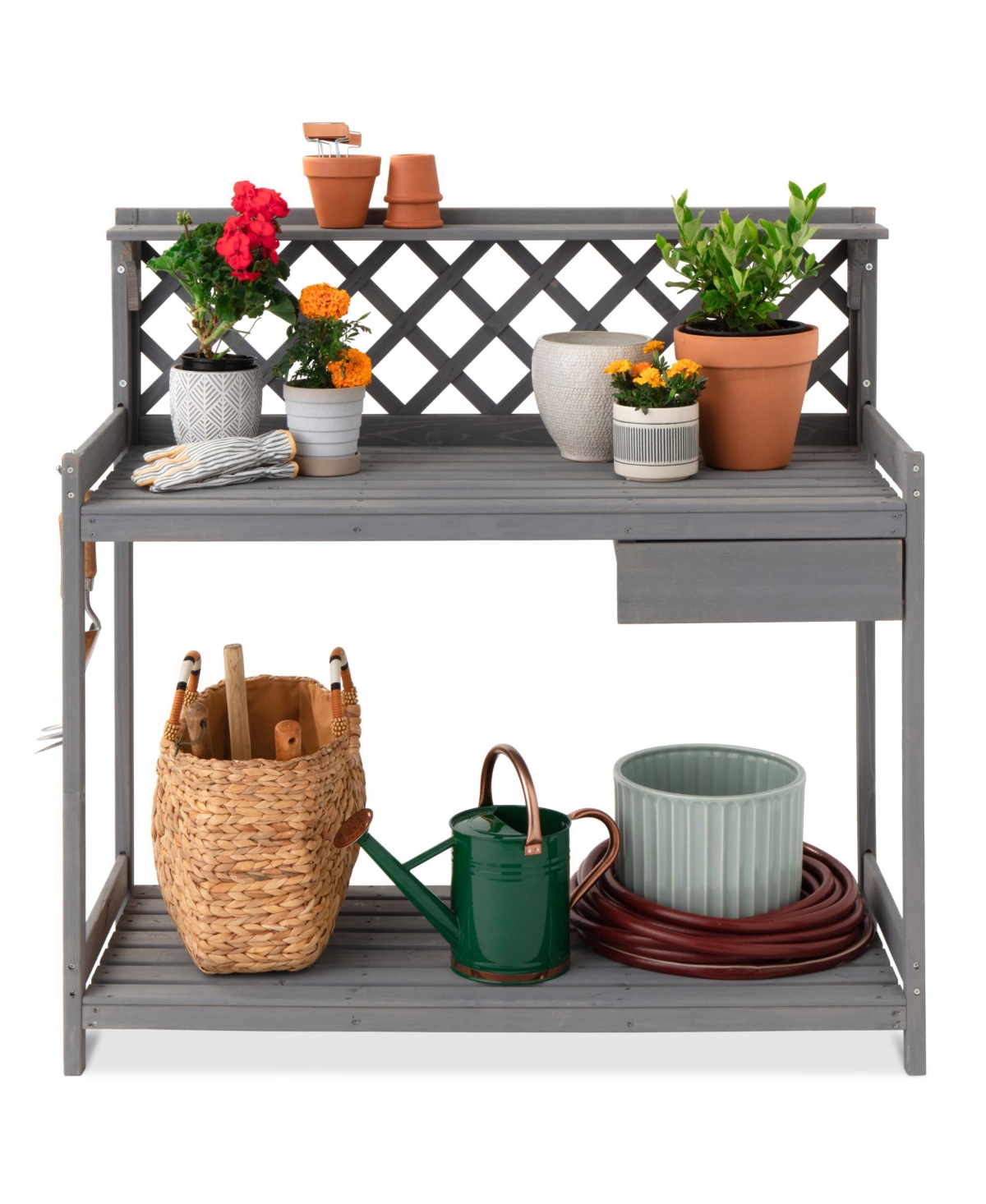 Best Choice Products Outdoor Wooden Garden Potting Bench, Workstation Table w/ Cabinet Drawer, Open Shelf