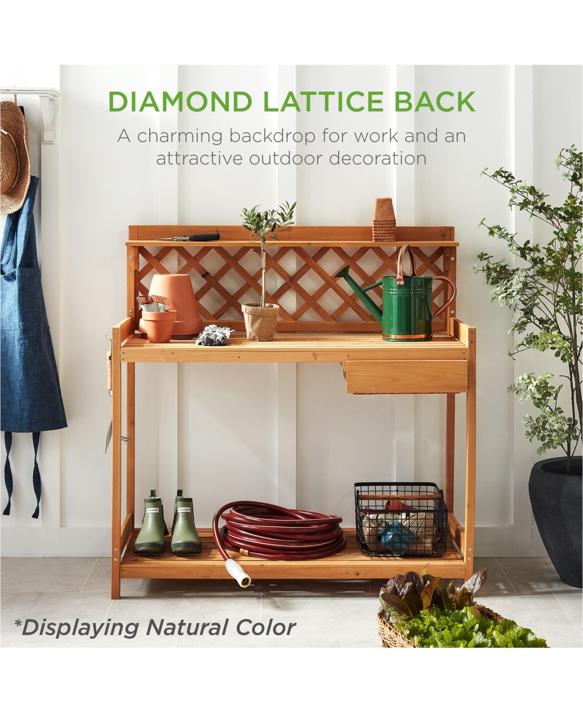 Best Choice Products Outdoor Wooden Garden Potting Bench, Workstation Table w/ Cabinet Drawer, Open Shelf