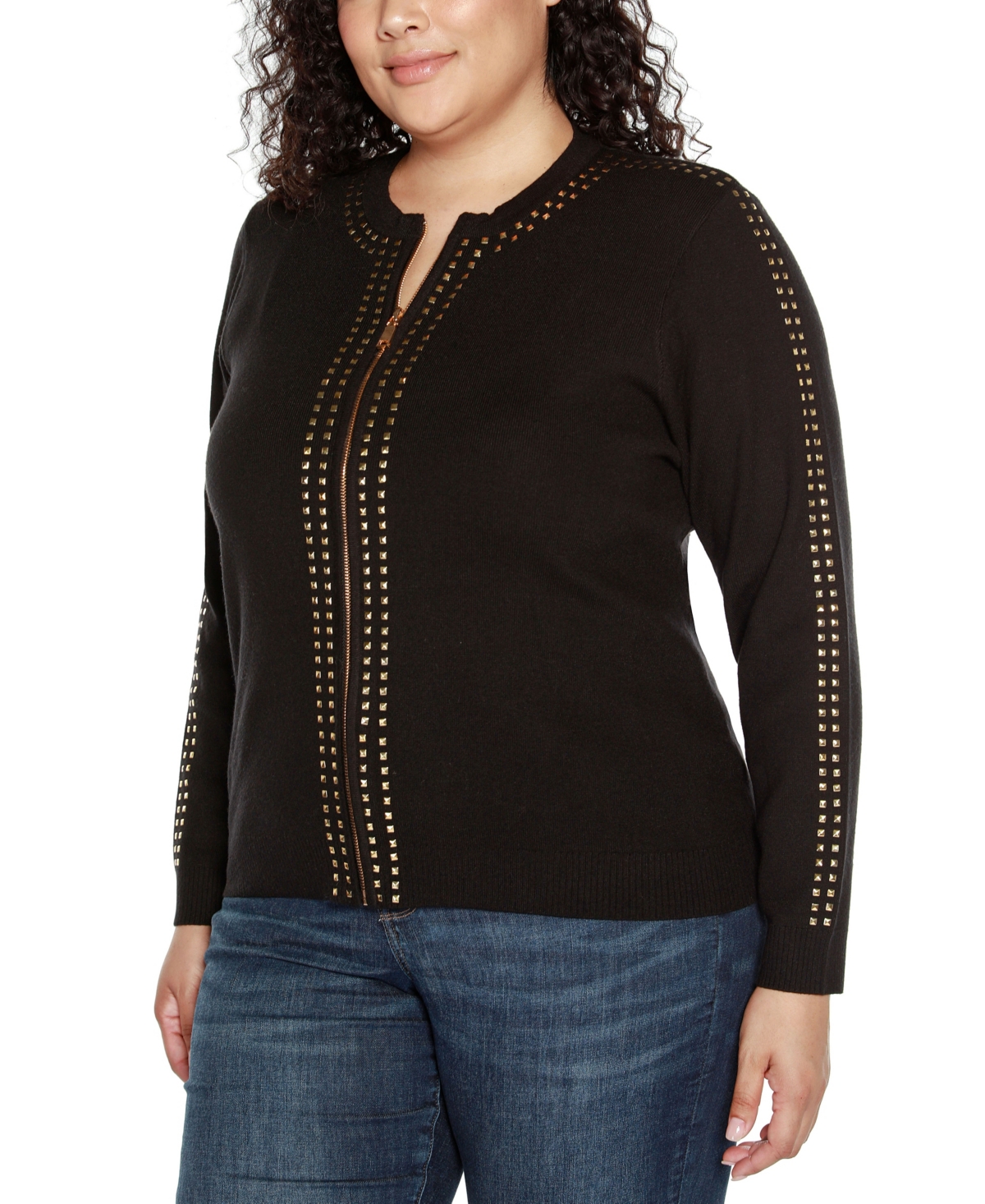 BelldiniLabel Plus Size Crewneck Embellished Zip Cardigan Sweater - Black/Gold