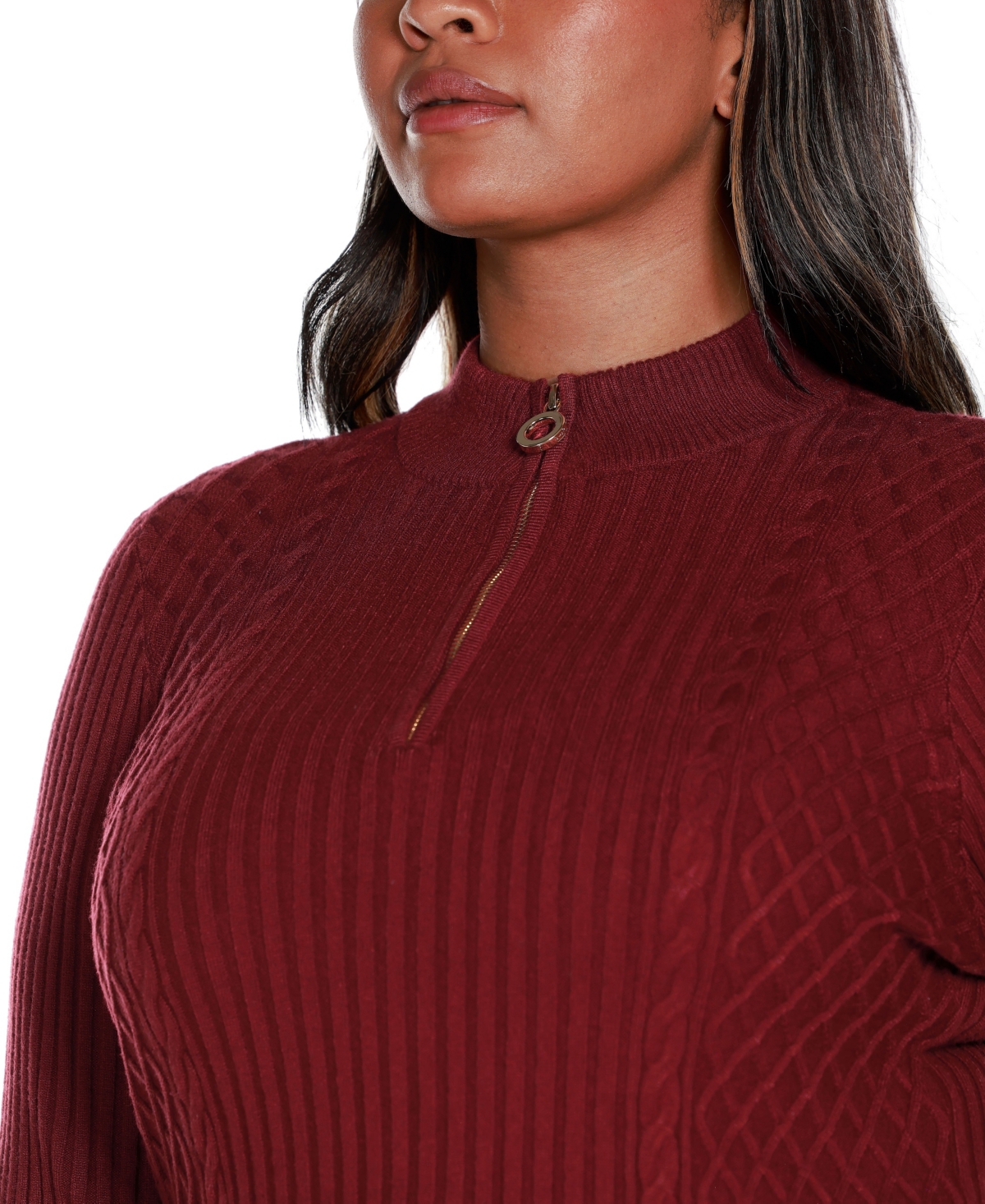 Belldini Black Label Plus Size Rib and Cable Quarter-Zip Sweater