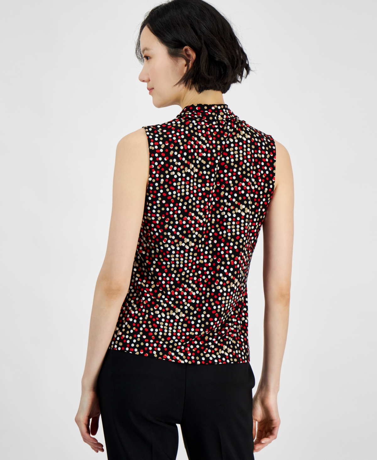 Anne Klein Women's Pleated-Neck Printed Sleeveless Top -Red Multi