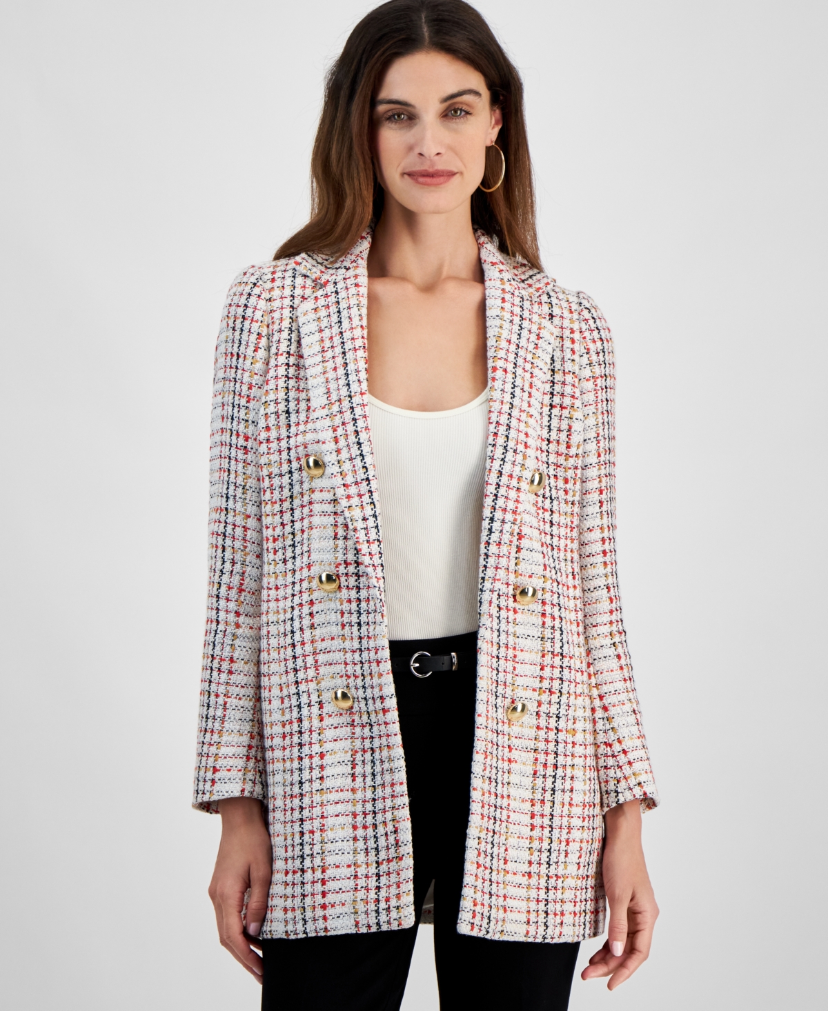 ANNE KLEIN WOMEN'S TWEED FAUX DOUBLE-BREASTED JACKET 