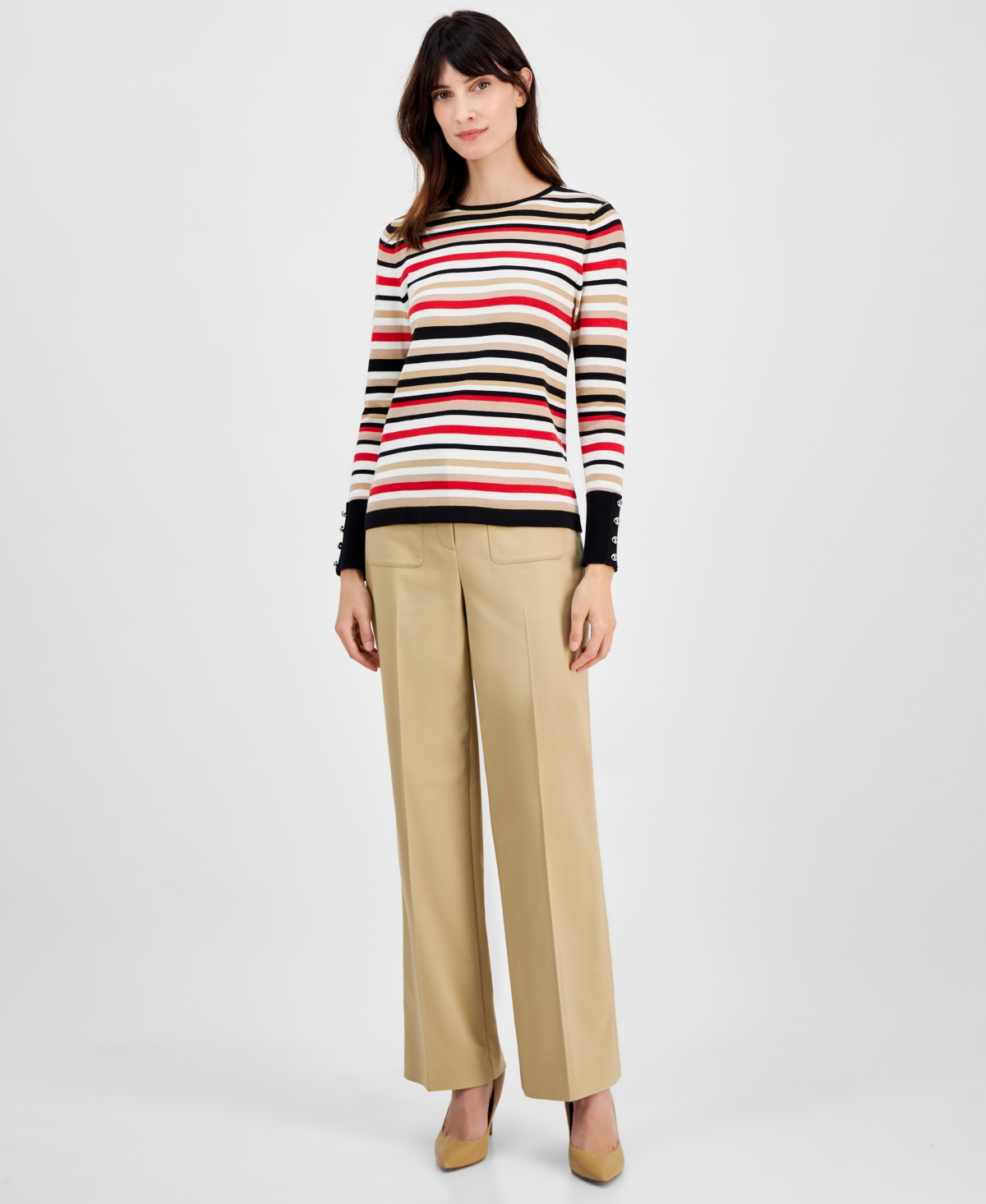 Anne Klein Stripe Button Cuff Sweater In Coffee Cream Multi