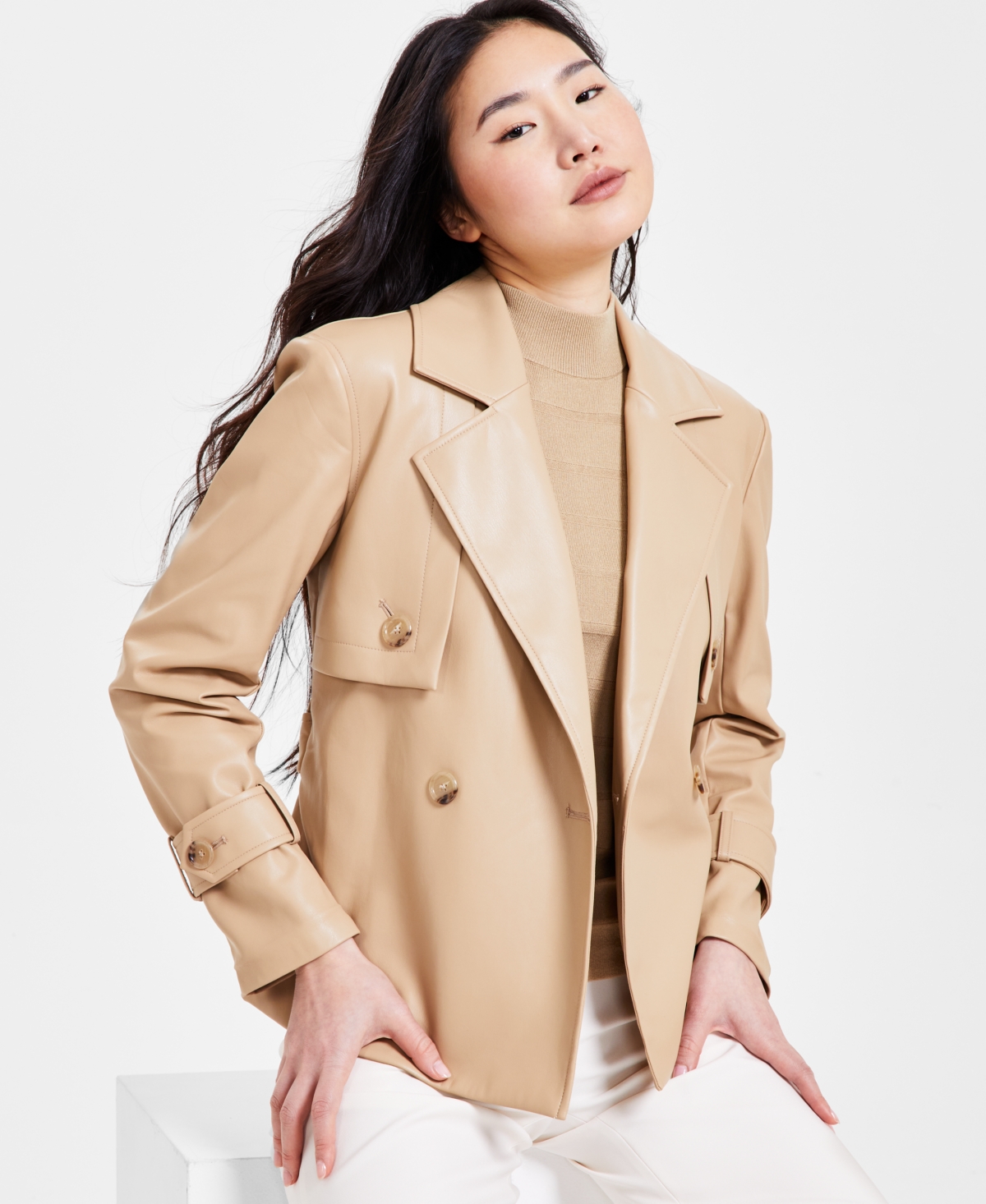 ANNE KLEIN PETITE BELTED CROSSOVER FAUX-LEATHER COAT 