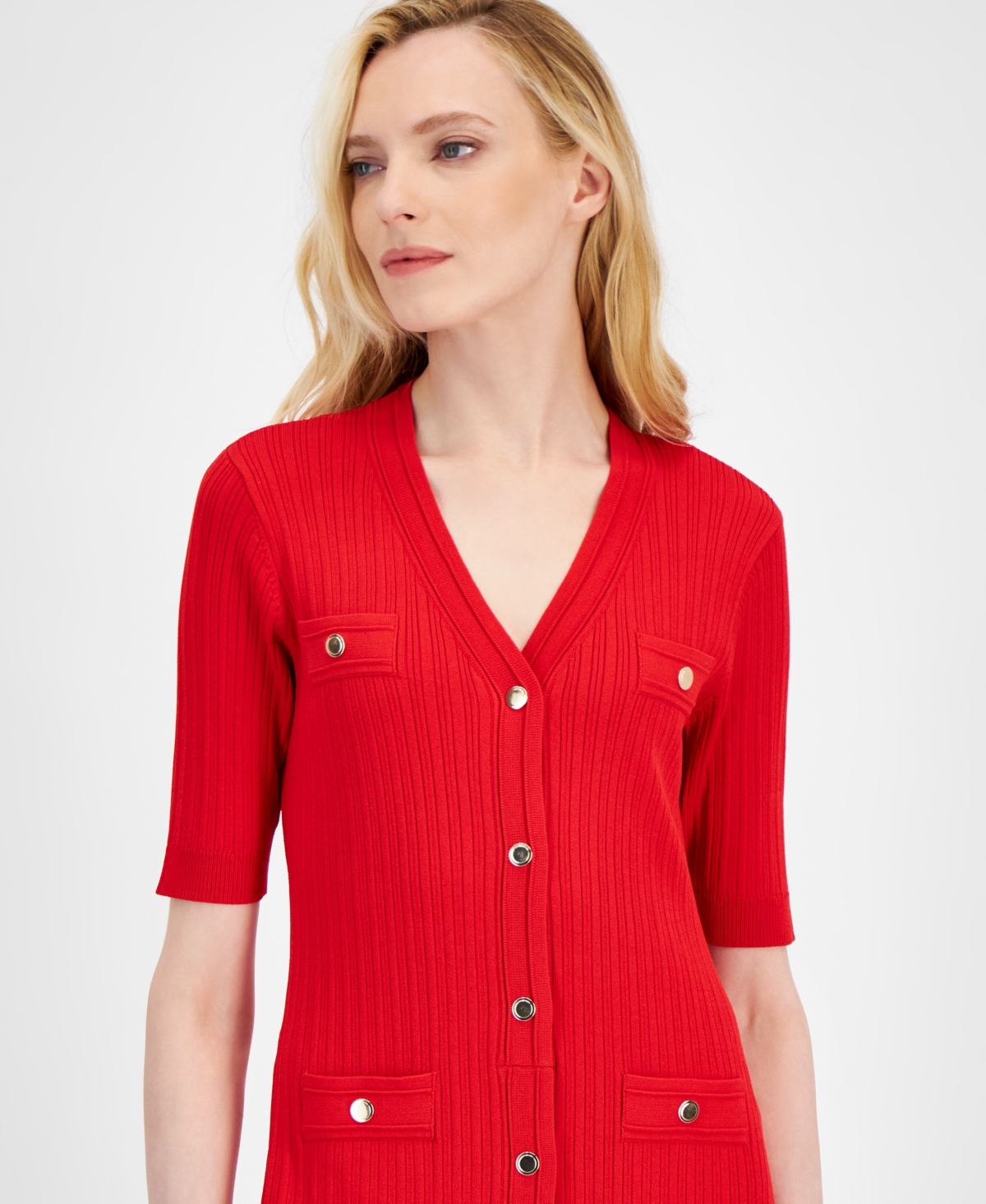 ANNE KLEIN WOMEN'S RIBBED BUTTON-FRONT A-LINE DRESS 