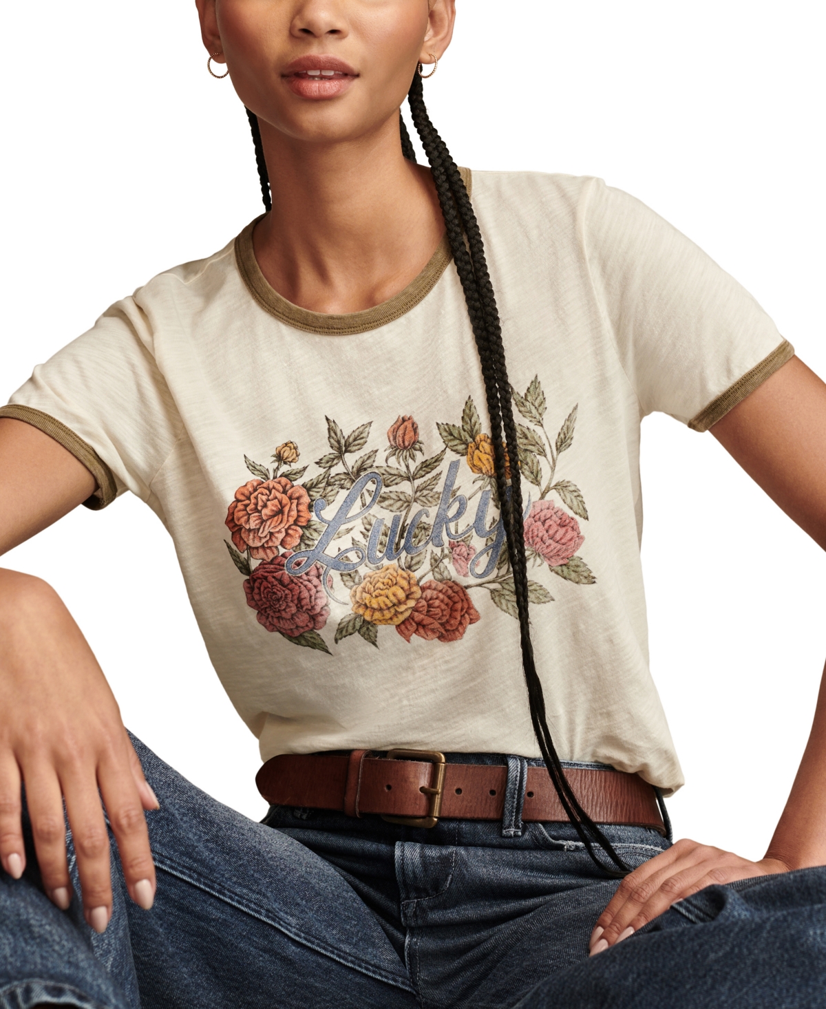 Lucky Brand Women's Cotton Floral Lucky Classic Ringer T-Shirt