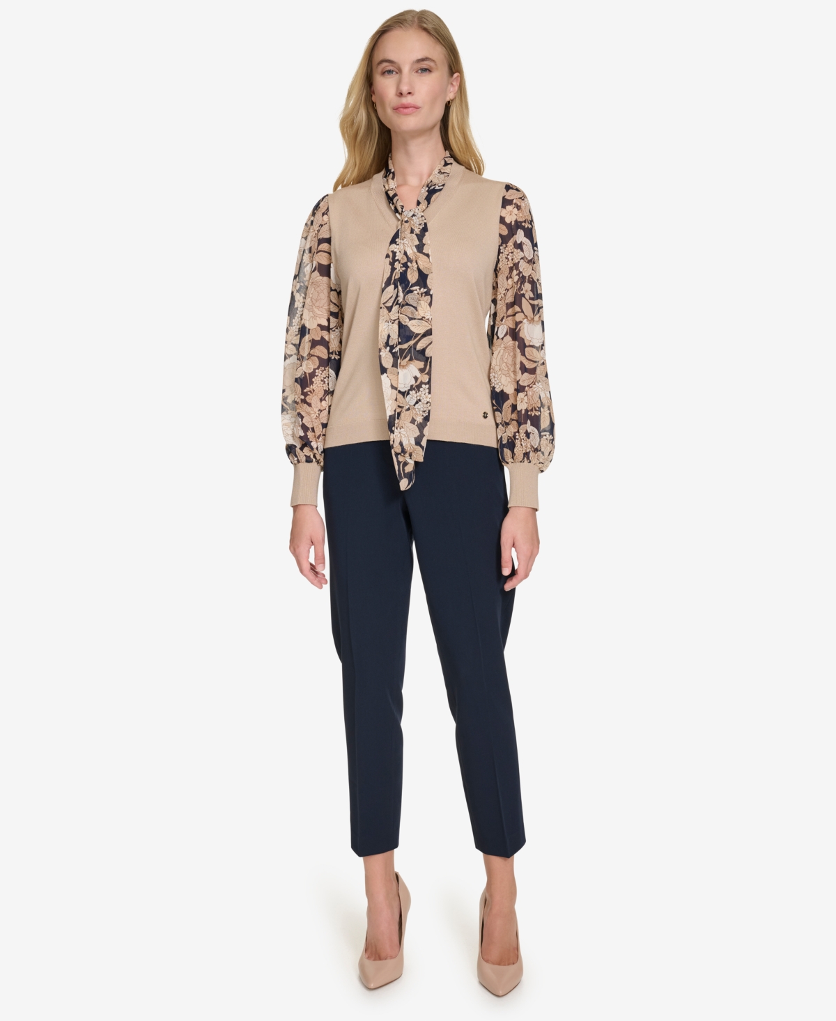 Tommy Hilfiger Women's Mixed-Media Tie-Neck Top