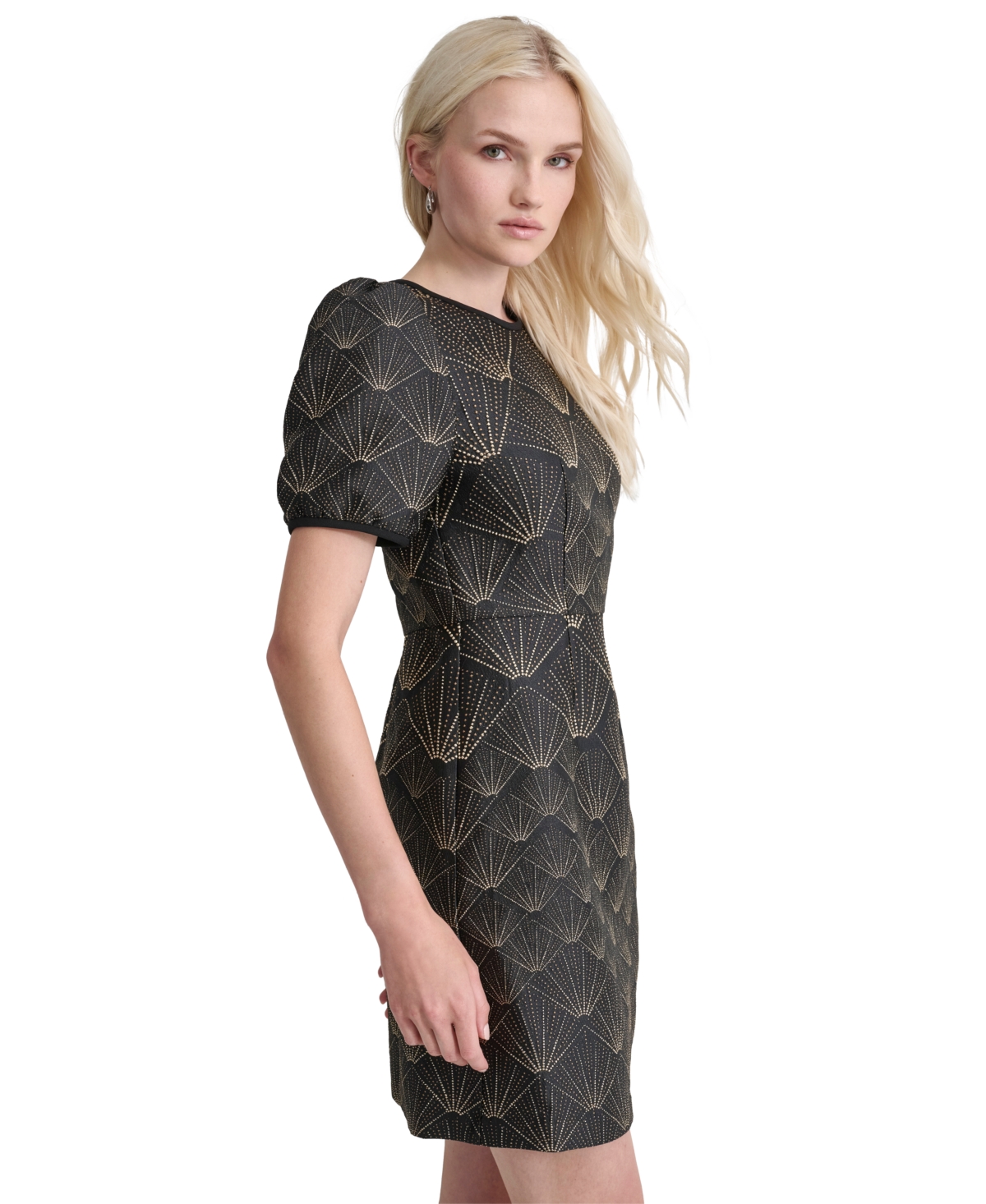 Dkny Women's Puffed-Sleeve Brocade-Texture Mini Dress -Gold
