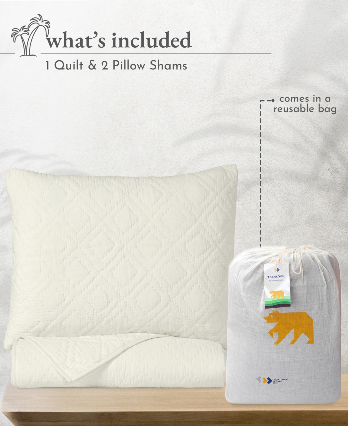 California Design Den Hand-Quilted 100% Cotton Quilt Set, Pre-Softened, 3 Piece Quilt & Sham Set by