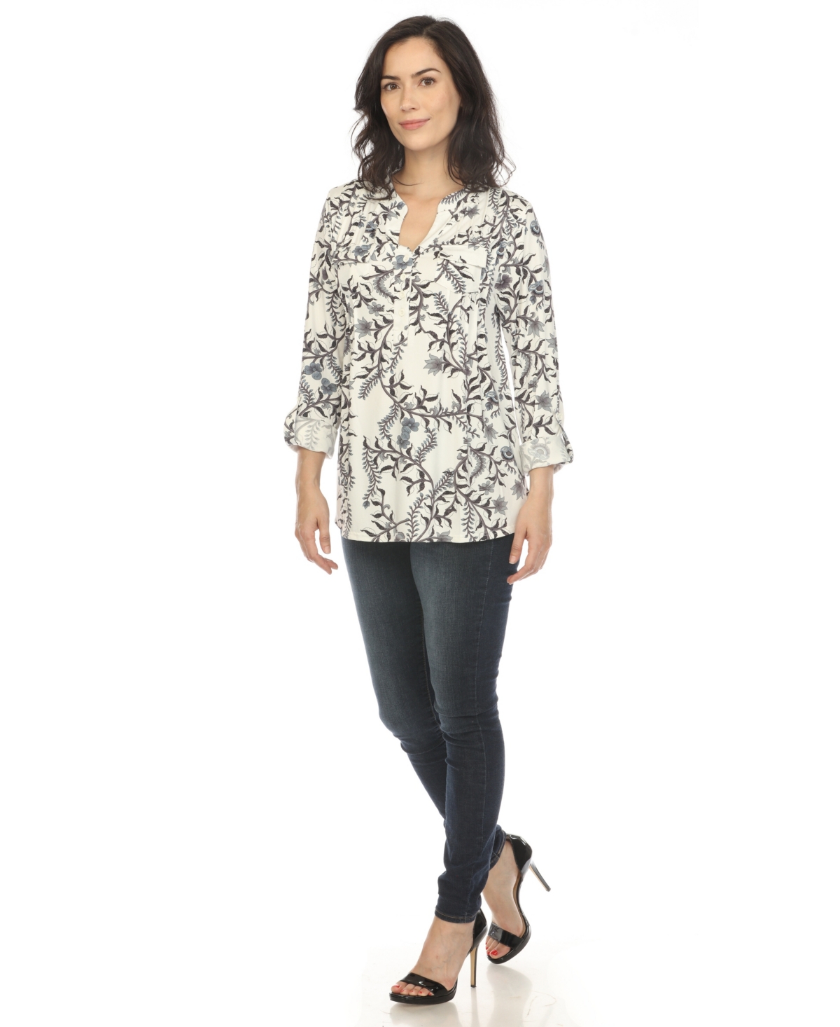 White Mark Women's Paisley Button Front Tunic Top In White Black