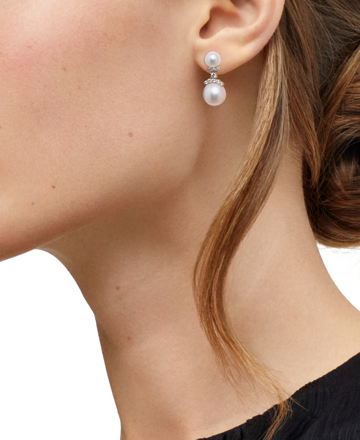 Grown With Love Cultured Freshwater Pearl (7 & 10-1/2mm) & Lab Grown Diamond (3/8 Ct. T.w.) Double Drop Earrings In In Gold