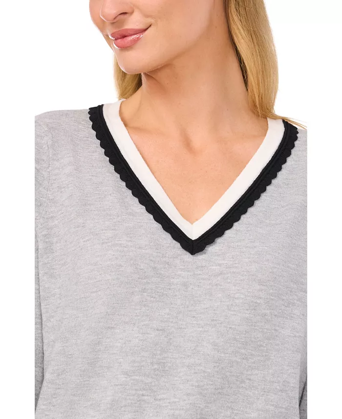 Women's Contrast Collar V-Neck Sweater - thumbnail 3