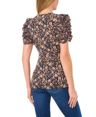 Women's Floral V-Neck Short Puff Sleeve Top