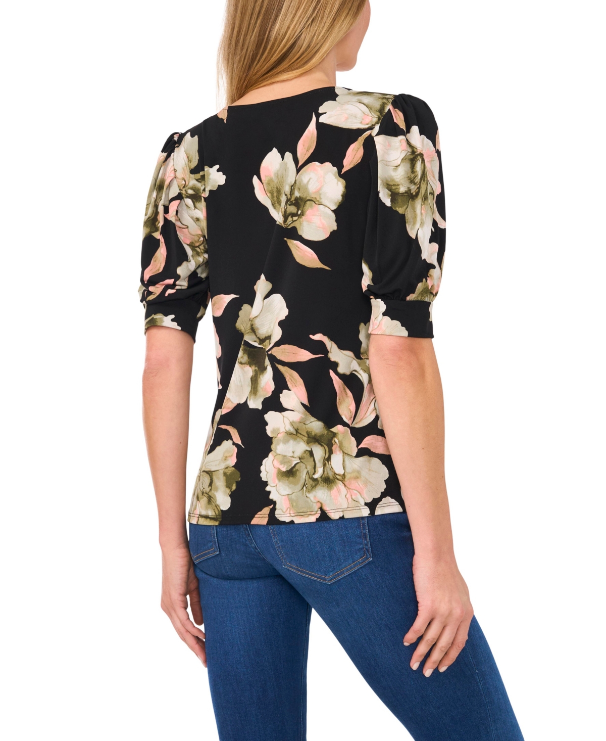 CeCe Women's Floral Crew Neck Knit Puff Sleeve Top