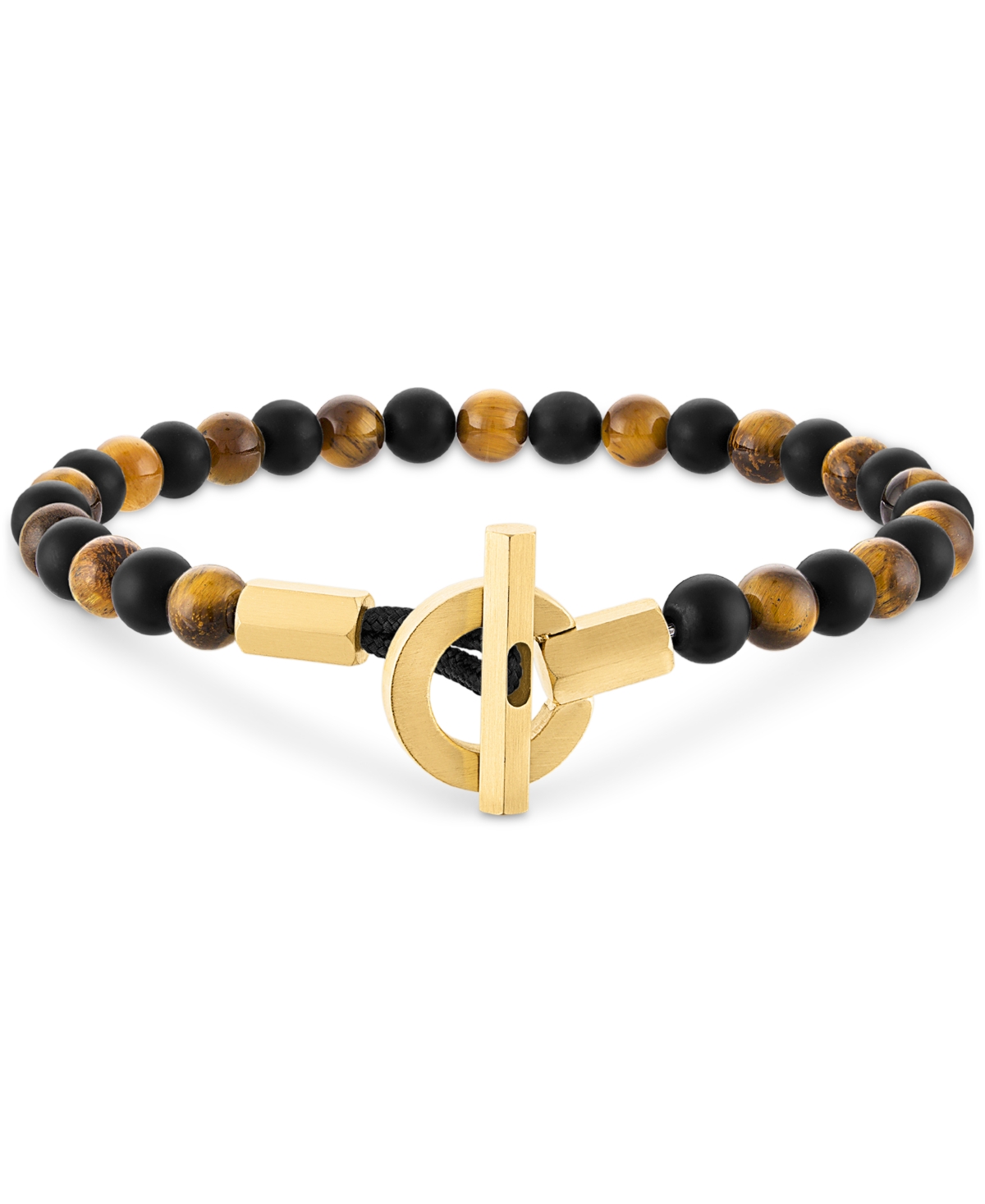 Shop Esquire Men's Jewelry Onyx & Tiger Eye Bead Toggle Bracelet In Gold-tone Ion-plated Stainless Steel, Created For Macy's (a