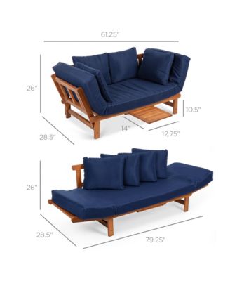 Outdoor Convertible Acacia Wood Futon Sofa w/ Pullout Tray, 4 Pillows, All-Weather Cushion - Navy