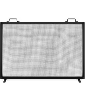 38x27in Single Panel Fireplace Screen Handcrafted Steel Mesh Spark Guard w/ Handles