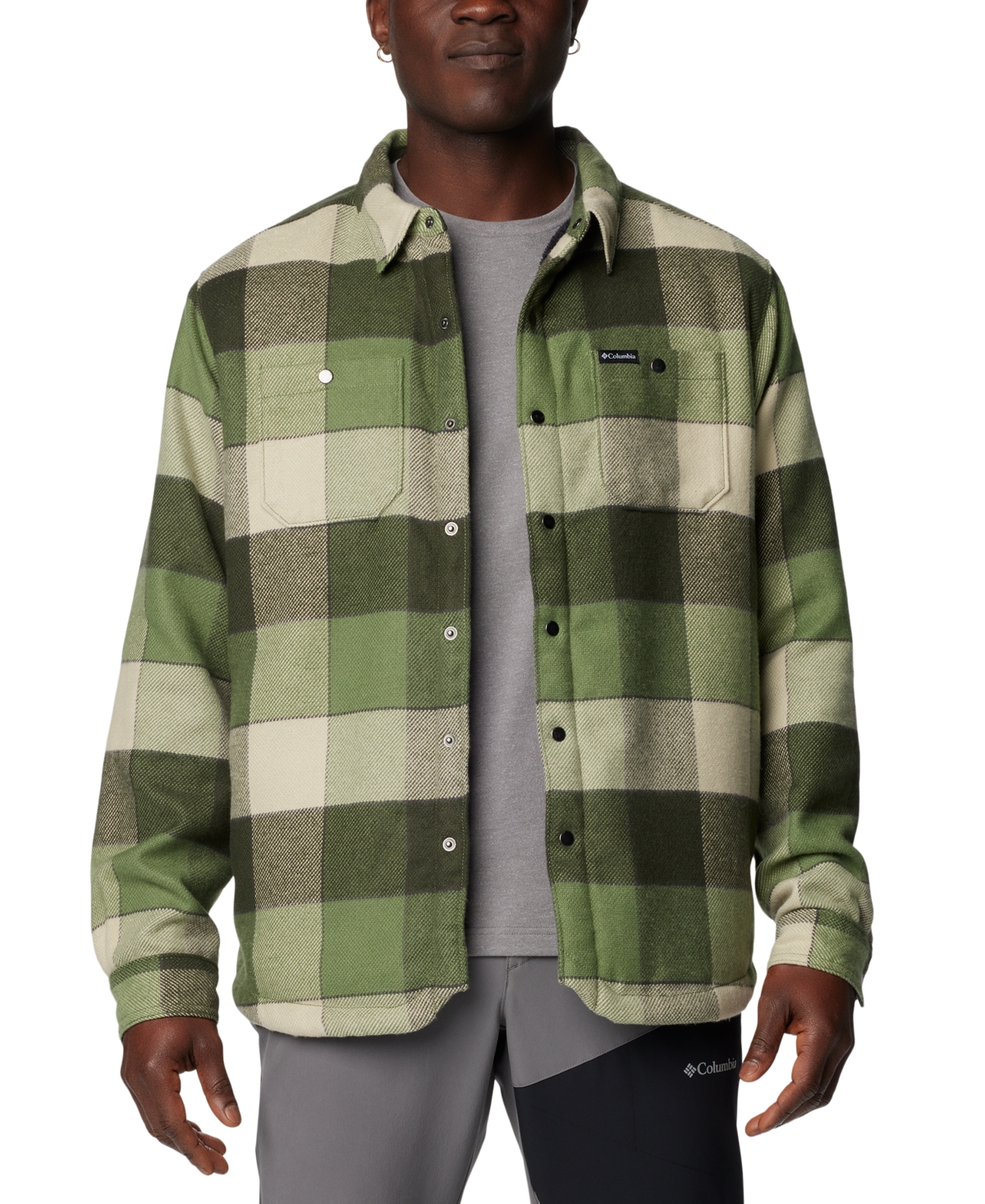 Columbia Men's Windward Ii Snap-front Sherpa Lined Plaid Shirt Jacket In Canteen Multi Windowpane Check