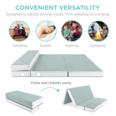 4in Thick Folding Portable Seafoam Mattress Topper w/ Carry Case, Washable Cover