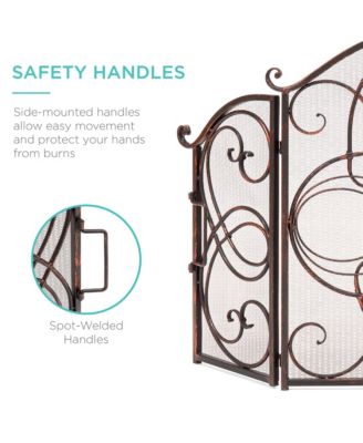 3-Panel 55x33in Wrought Iron Fireplace Safety Screen Decorative Scroll Spark Guard Cover