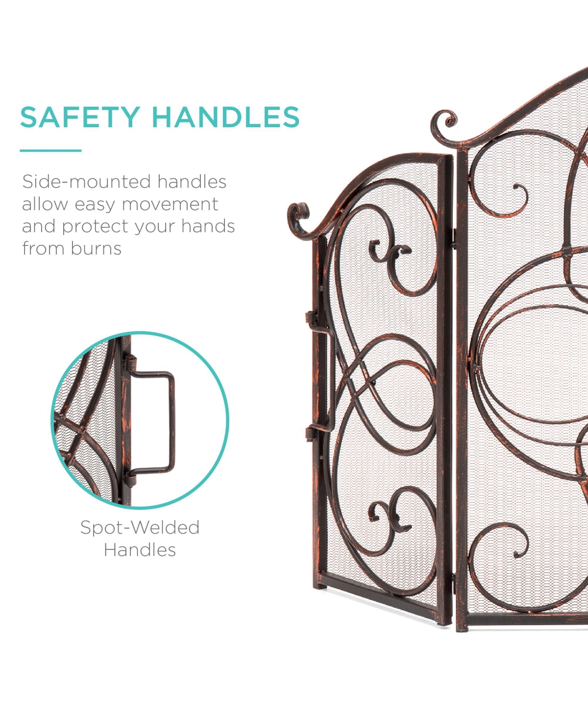 Best Choice Products 3-Panel 55x33in Wrought Iron Fireplace Safety Screen Decorative Scroll Spark Guard Cover