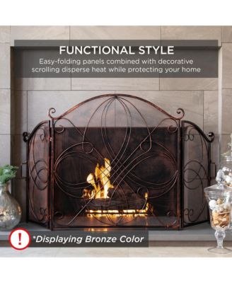 3-Panel 55x33in Wrought Iron Fireplace Safety Screen Decorative Scroll Spark Guard Cover
