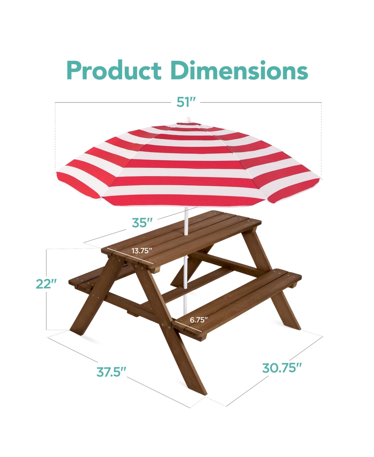 Best Choice Products Kids Wooden Picnic Table, Outdoor Activity Table w/ Adjustable Umbrella, Seats -red