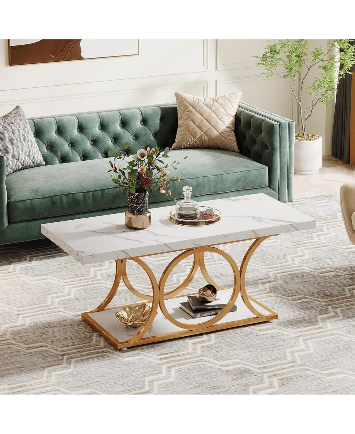 Tribesigns Rectangle Coffee Table, 47.24-inch Modern Coffee Tables for Living Room, 2-Tier Faux Marble Wood Coffee Table with Geometric Metal Legs,Bla