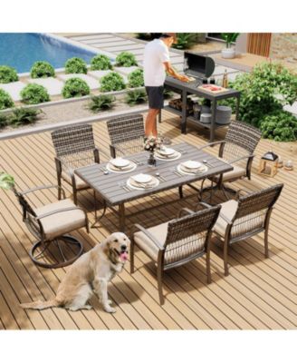 7-Piece Patio Dining Set for 6 with Green Cushion 4 Dining Chairs and 2 Swivel Rockers